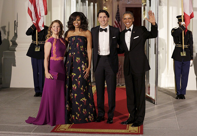 Sophie Gregoire-Trudeau and Justin Trudeau with the Obamas in Washington at the State Dinner at the White House